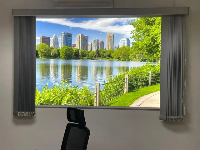 Detalhe da janela iluminada com paisagem de cidade e lago, com persianas laterais