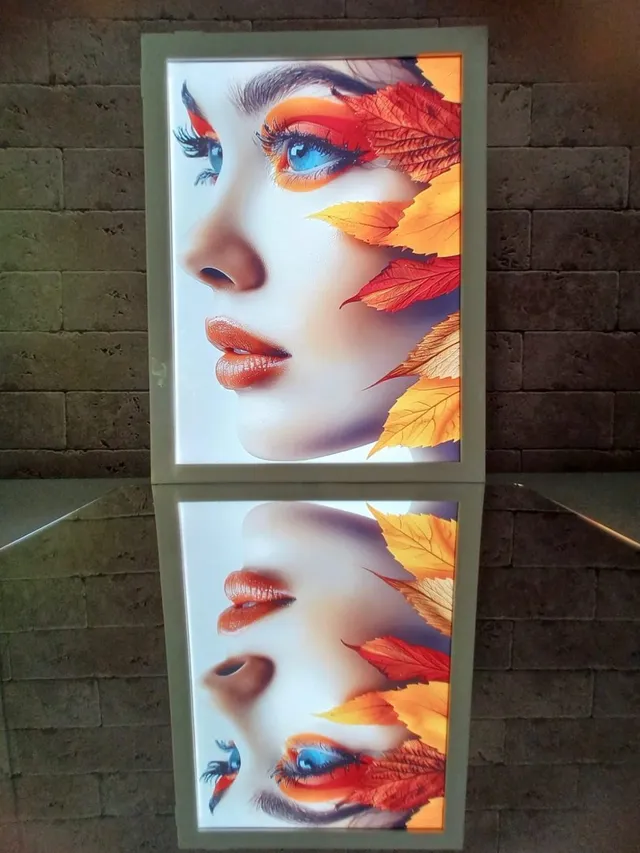 Quadros iluminados backlight com arte de retrato instalados em parede de pedra